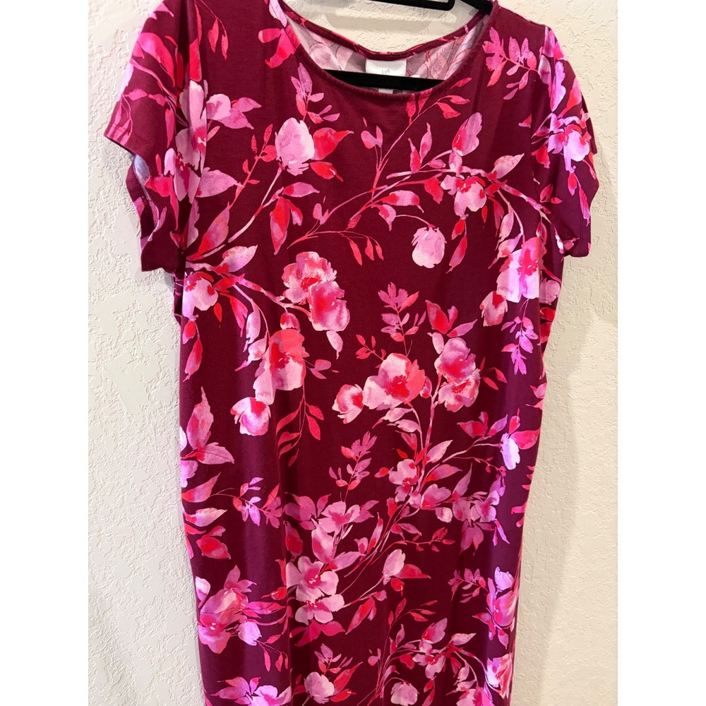 J. Jill Burgundy Pink Floral Short Sleeve Midi Dress Pockets Size L Shift Knit - Picture 2 of 7